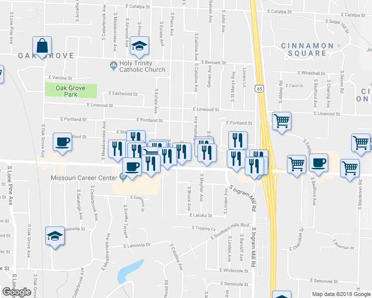 map of restaurants, bars, coffee shops, grocery stores, and more near 1668 South Sieger Drive in Springfield