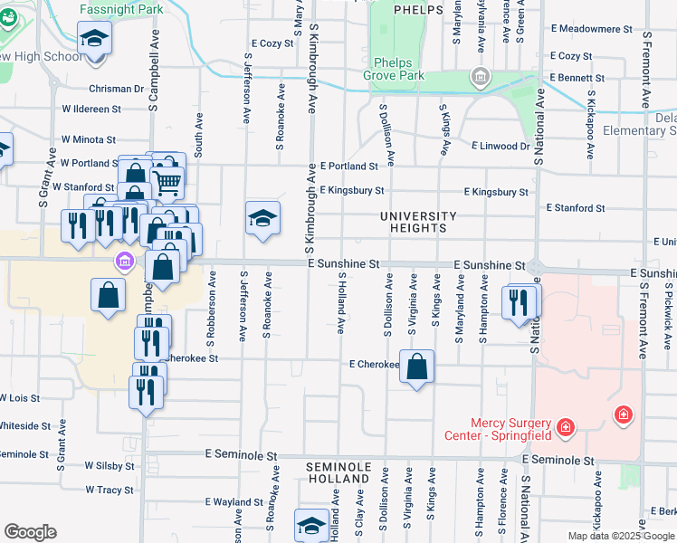 map of restaurants, bars, coffee shops, grocery stores, and more near 634 East Sunshine Street in Springfield