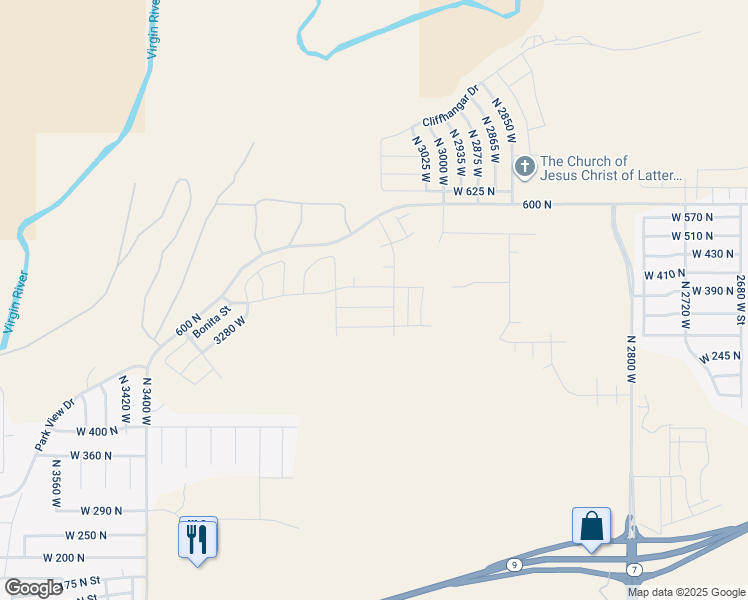 map of restaurants, bars, coffee shops, grocery stores, and more near 3096 West 550 North in Hurricane