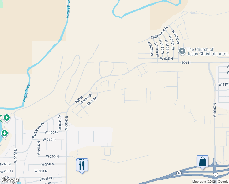 map of restaurants, bars, coffee shops, grocery stores, and more near 3161 West Coronado Drive in Hurricane