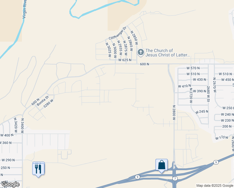 map of restaurants, bars, coffee shops, grocery stores, and more near 524 North 3010 West in Hurricane