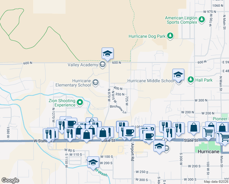 map of restaurants, bars, coffee shops, grocery stores, and more near 360 North 815 West in Hurricane