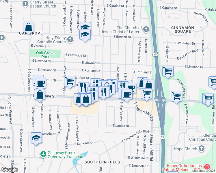 map of restaurants, bars, coffee shops, grocery stores, and more near 1669 South Sieger Drive in Springfield