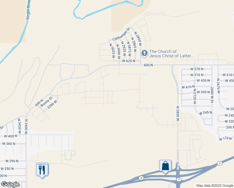 map of restaurants, bars, coffee shops, grocery stores, and more near 521 North 3010 West in Hurricane