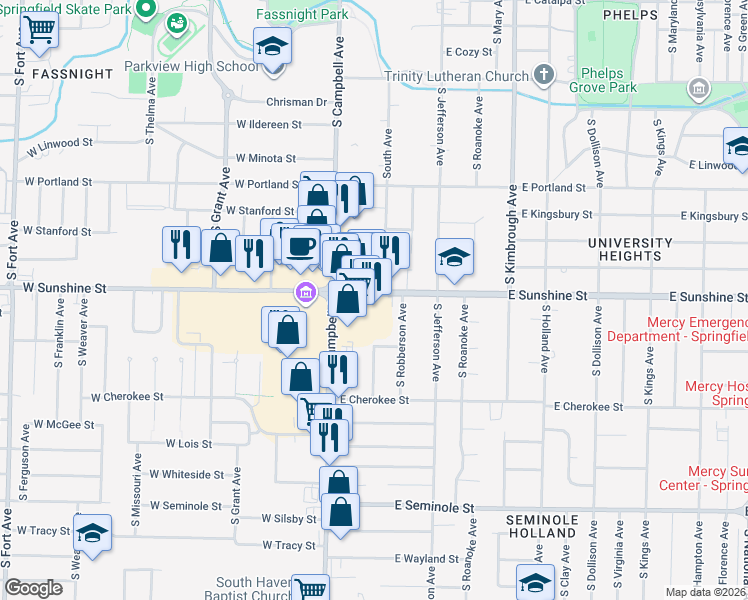 map of restaurants, bars, coffee shops, grocery stores, and more near 298 East Sunshine Street in Springfield