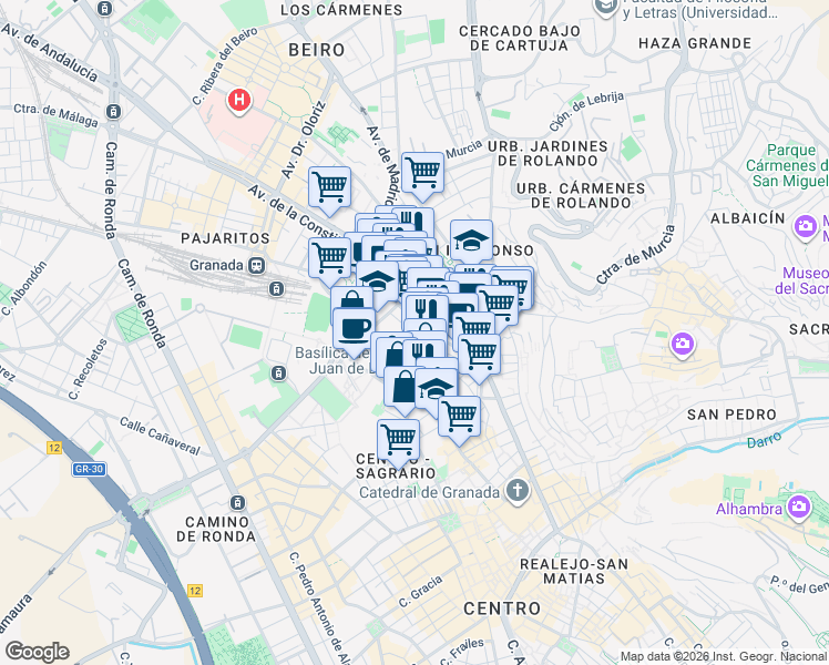 map of restaurants, bars, coffee shops, grocery stores, and more near 12 Calle Fuente Nueva in Granada