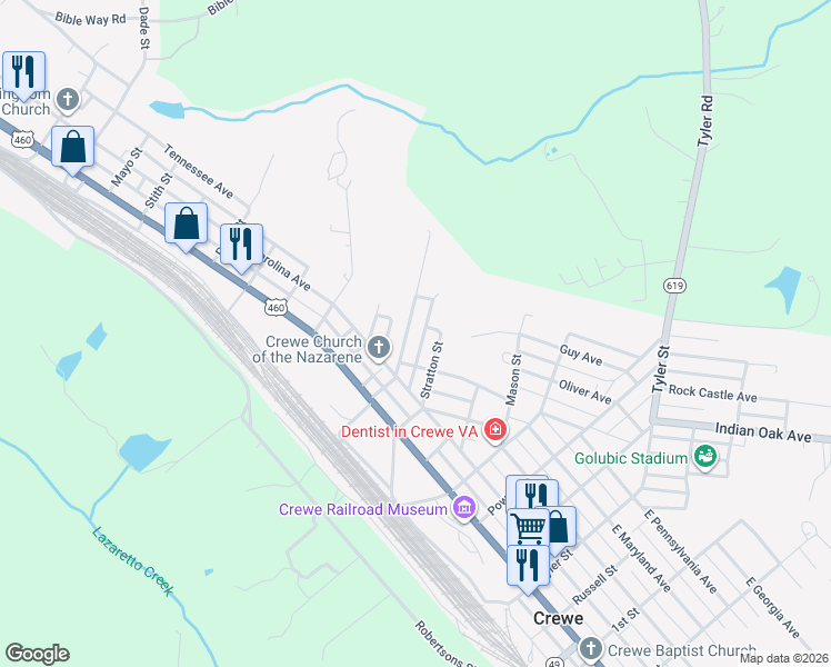 map of restaurants, bars, coffee shops, grocery stores, and more near 212 Lipscomb Street in Crewe