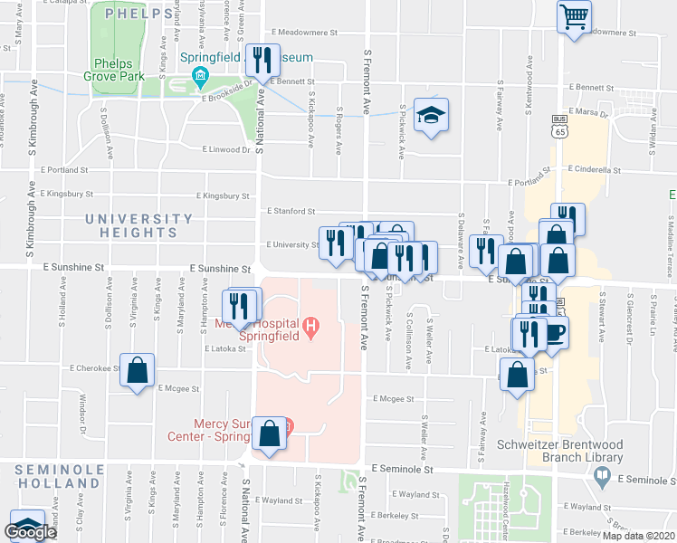 map of restaurants, bars, coffee shops, grocery stores, and more near 1337 E Sunshine St in Springfield
