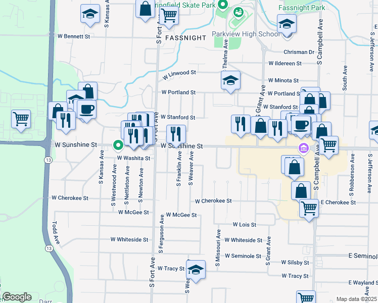 map of restaurants, bars, coffee shops, grocery stores, and more near 1046 West Sunshine Street in Springfield