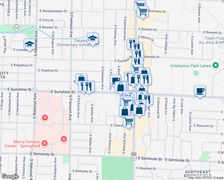 map of restaurants, bars, coffee shops, grocery stores, and more near 1639 East Sunshine Street in Springfield