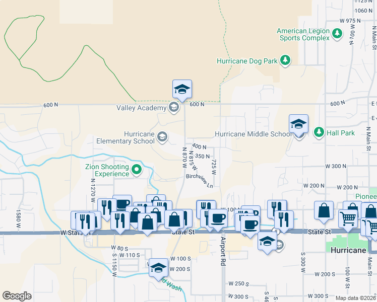 map of restaurants, bars, coffee shops, grocery stores, and more near 360 North 815 West in Hurricane
