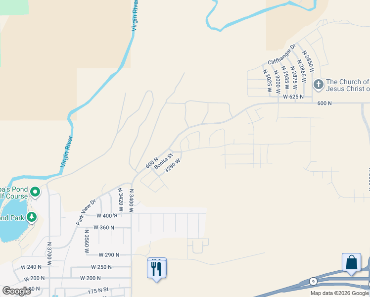 map of restaurants, bars, coffee shops, grocery stores, and more near 555 North Torey Lane in Hurricane