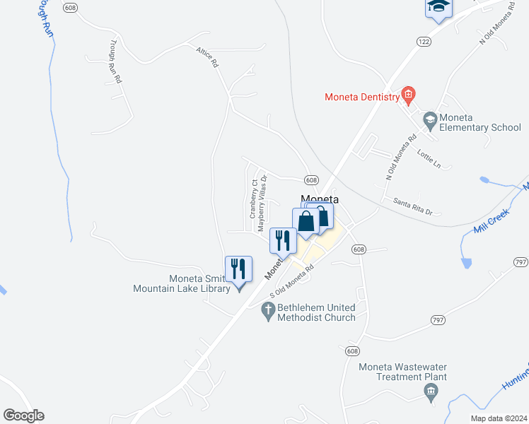 map of restaurants, bars, coffee shops, grocery stores, and more near 1058 Haymore Drive in Moneta