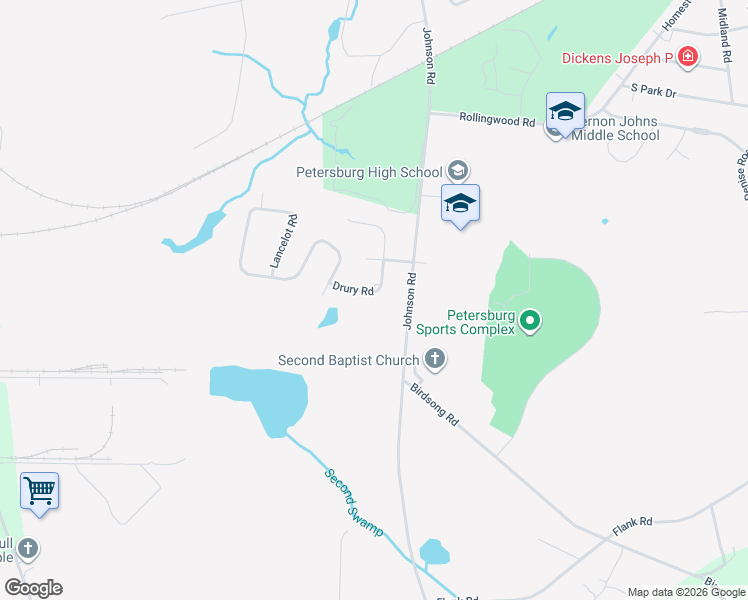 map of restaurants, bars, coffee shops, grocery stores, and more near 1600 Drury Road in Petersburg