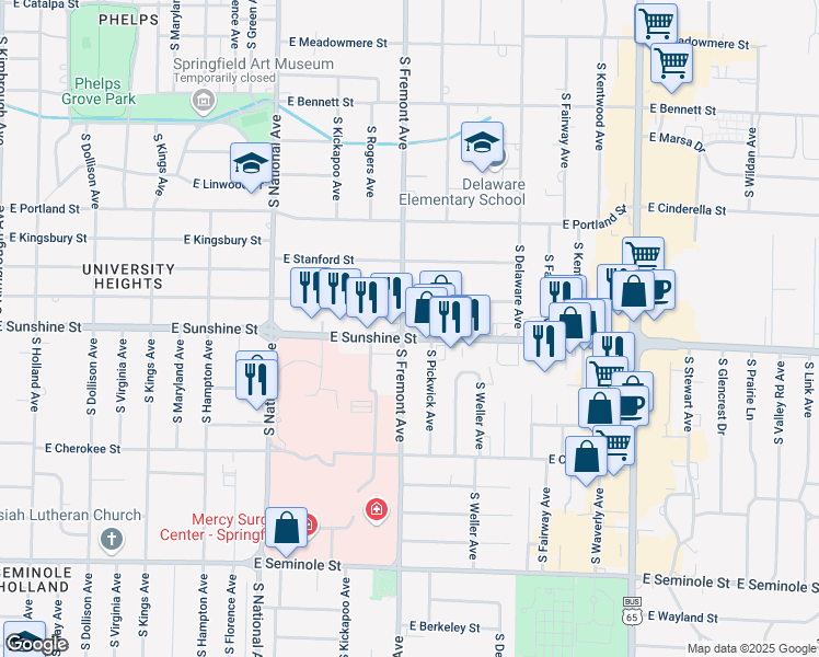 map of restaurants, bars, coffee shops, grocery stores, and more near 1403 East Sunshine Street in Springfield