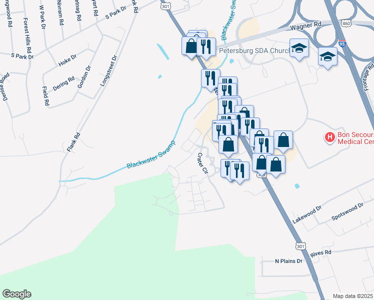 map of restaurants, bars, coffee shops, grocery stores, and more near 109 Crater Woods Court in Petersburg