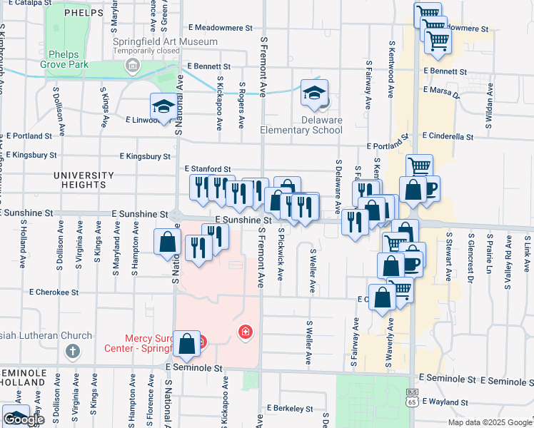 map of restaurants, bars, coffee shops, grocery stores, and more near 1403 East Sunshine Street in Springfield