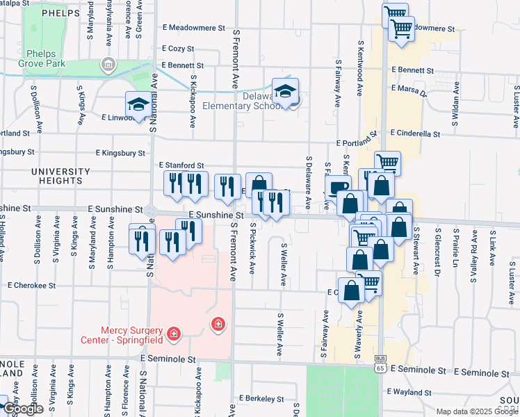 map of restaurants, bars, coffee shops, grocery stores, and more near 1441 East Sunshine Street in Springfield