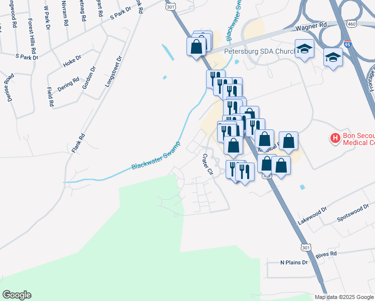 map of restaurants, bars, coffee shops, grocery stores, and more near 109 Crater Woods Court in Petersburg