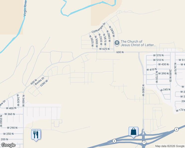 map of restaurants, bars, coffee shops, grocery stores, and more near 529 North 3010 West in Hurricane