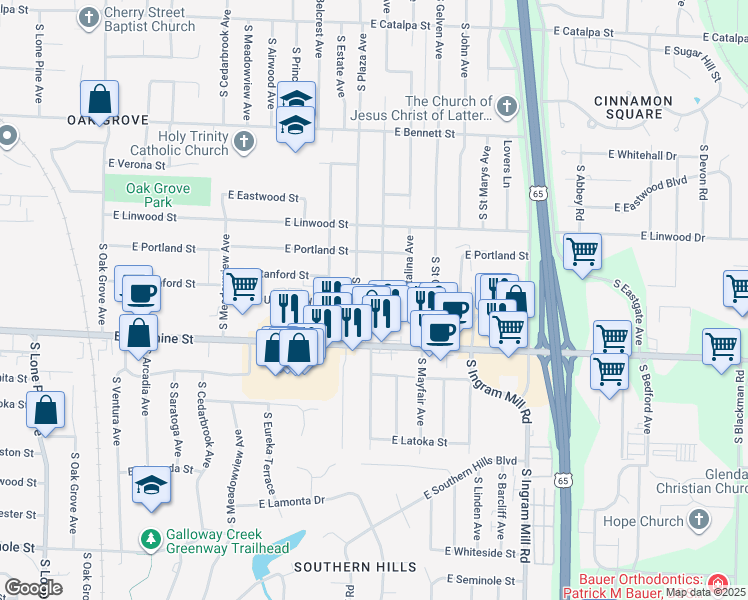 map of restaurants, bars, coffee shops, grocery stores, and more near 1669 South Sieger Drive in Springfield