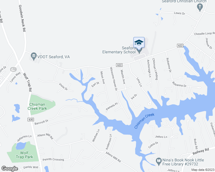map of restaurants, bars, coffee shops, grocery stores, and more near 203 Moss Avenue in Seaford