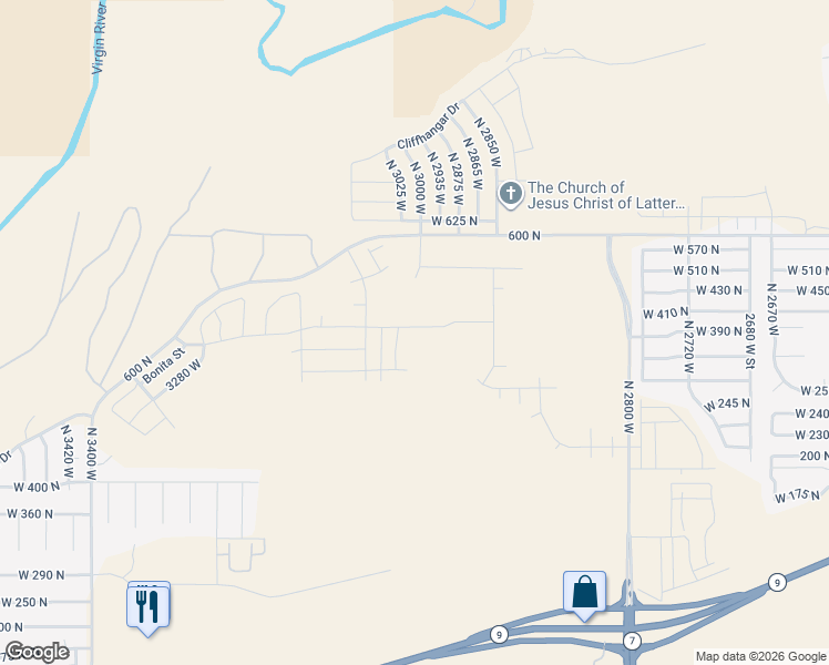 map of restaurants, bars, coffee shops, grocery stores, and more near 529 North 3010 West in Hurricane