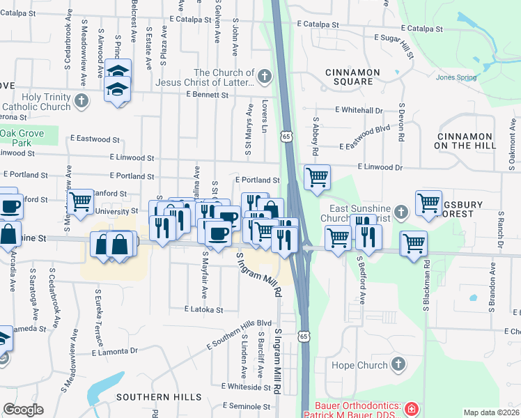 map of restaurants, bars, coffee shops, grocery stores, and more near 1655 South Ingram Mill Road in Springfield