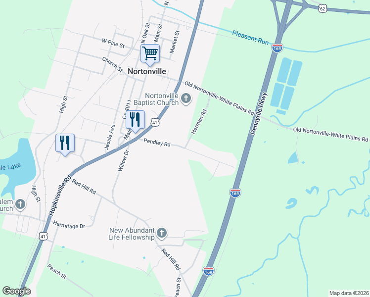 map of restaurants, bars, coffee shops, grocery stores, and more near 201 Pendley Road in Nortonville