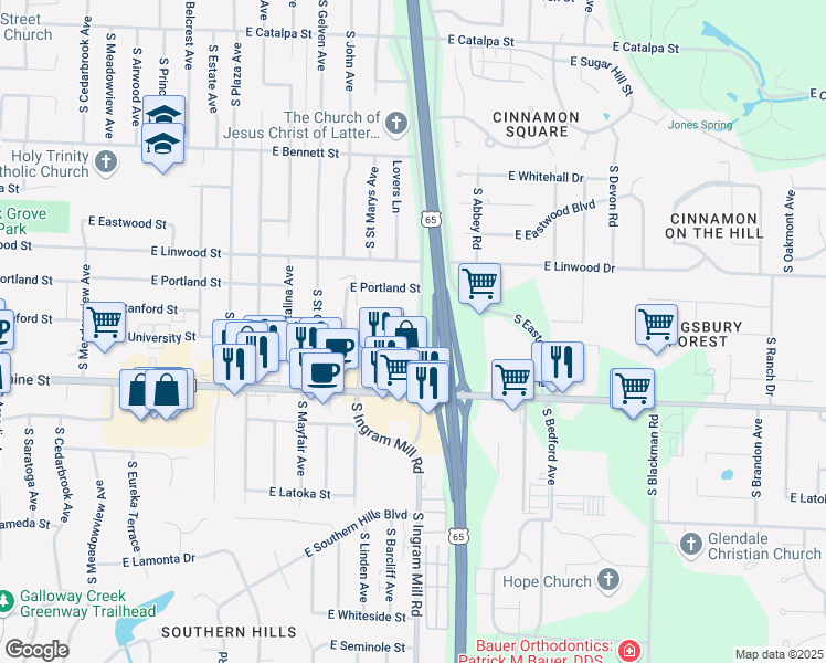 map of restaurants, bars, coffee shops, grocery stores, and more near 1655 South Ingram Mill Road in Springfield