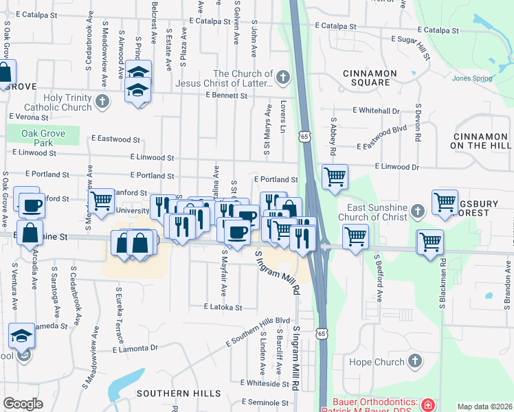 map of restaurants, bars, coffee shops, grocery stores, and more near 1646 South Deeswood Avenue in Springfield