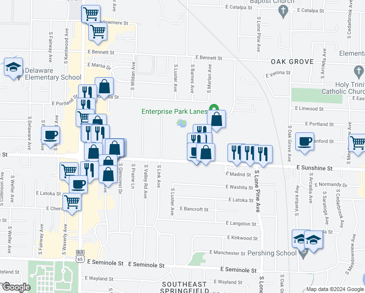 map of restaurants, bars, coffee shops, grocery stores, and more near 1729 South Luster Avenue in Springfield