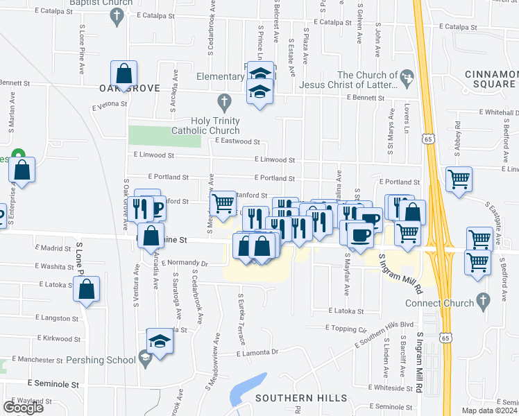 map of restaurants, bars, coffee shops, grocery stores, and more near 2962 East University Street in Springfield