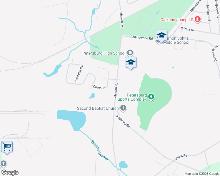 map of restaurants, bars, coffee shops, grocery stores, and more near 1600 Drury Road in Petersburg