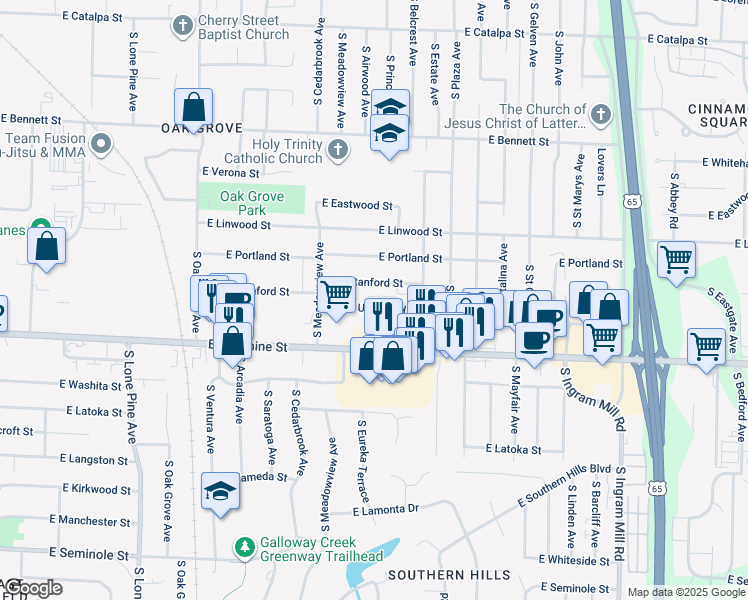 map of restaurants, bars, coffee shops, grocery stores, and more near 2929 East University Street in Springfield