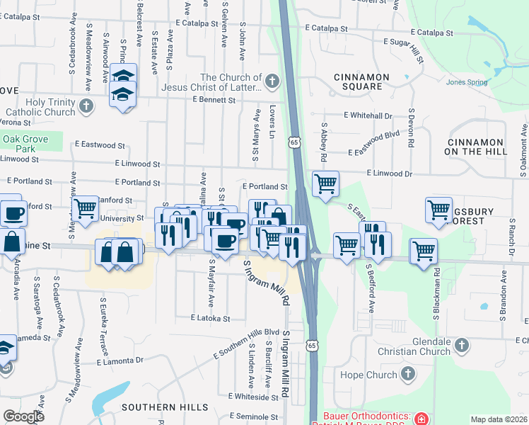 map of restaurants, bars, coffee shops, grocery stores, and more near 1655 South Ingram Mill Road in Springfield