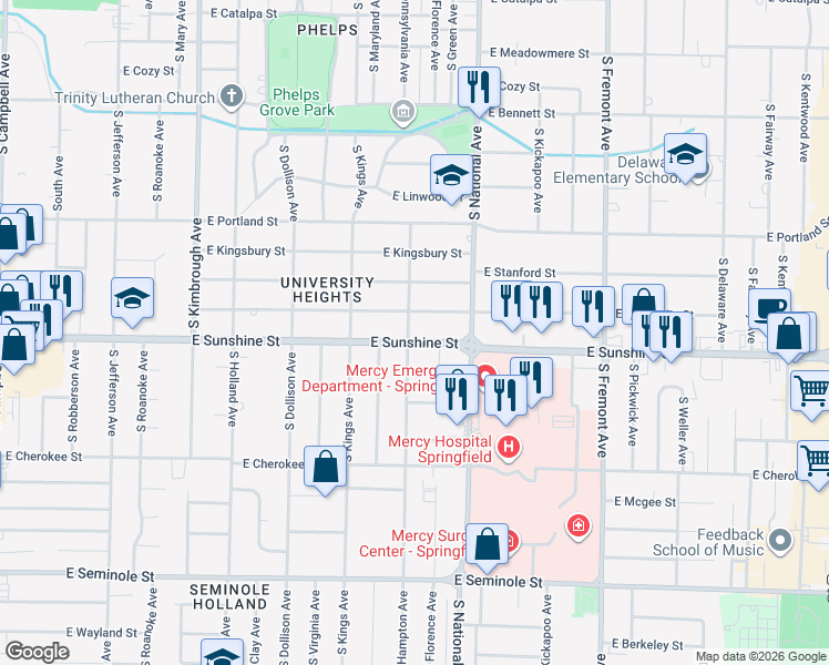 map of restaurants, bars, coffee shops, grocery stores, and more near 1101 East Sunshine Street in Springfield