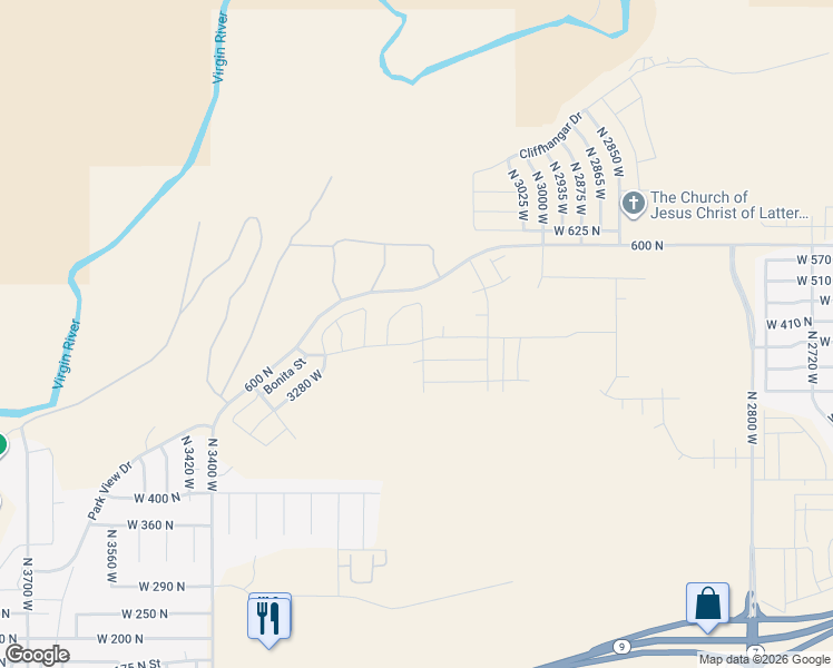 map of restaurants, bars, coffee shops, grocery stores, and more near 559 North Sarah Lane in Hurricane