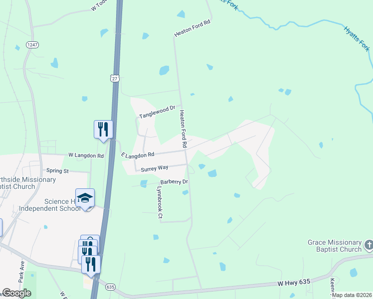 map of restaurants, bars, coffee shops, grocery stores, and more near 430 East Langdon Road in Science Hill