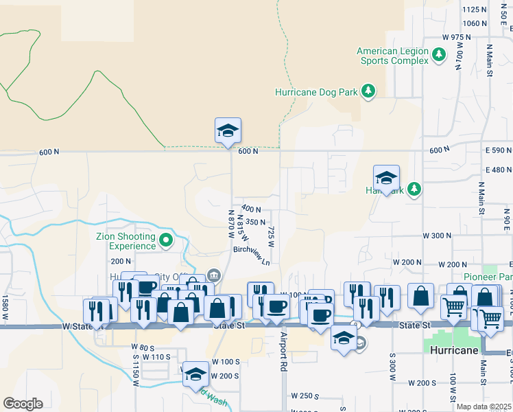 map of restaurants, bars, coffee shops, grocery stores, and more near 770 400 North in Hurricane