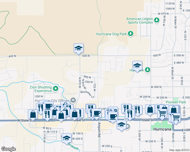 map of restaurants, bars, coffee shops, grocery stores, and more near 718 West 400 South in Hurricane