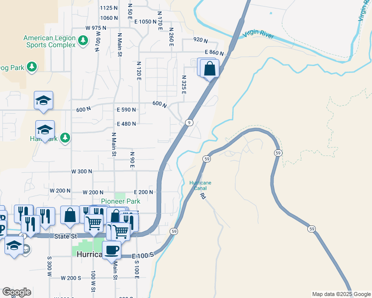 map of restaurants, bars, coffee shops, grocery stores, and more near 351 East 200 North in Hurricane