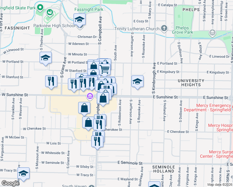 map of restaurants, bars, coffee shops, grocery stores, and more near 220-298 East Sunshine Street in Springfield