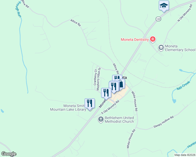 map of restaurants, bars, coffee shops, grocery stores, and more near Mayberry Villas Drive in Moneta