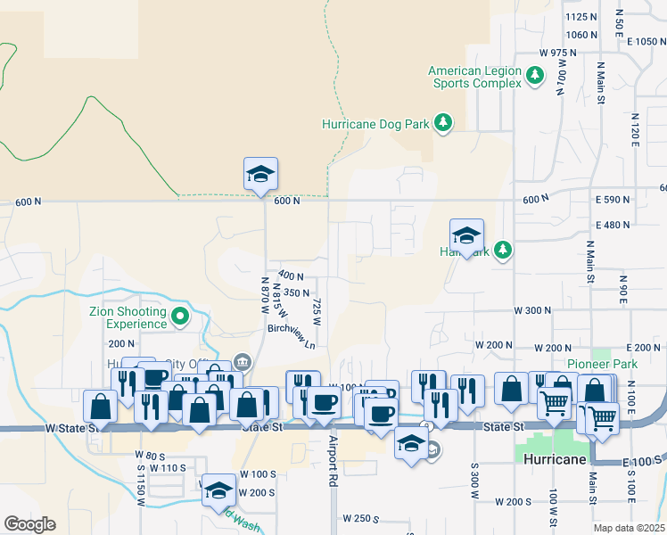 map of restaurants, bars, coffee shops, grocery stores, and more near 423 North 680 West in Hurricane