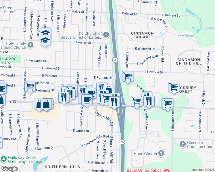 map of restaurants, bars, coffee shops, grocery stores, and more near 1655 South Ingram Mill Road in Springfield