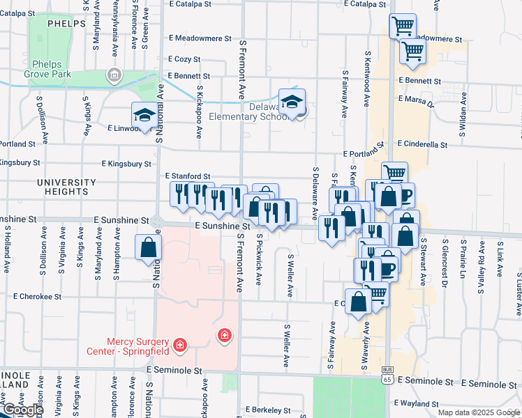 map of restaurants, bars, coffee shops, grocery stores, and more near 1441 East Sunshine Street in Springfield