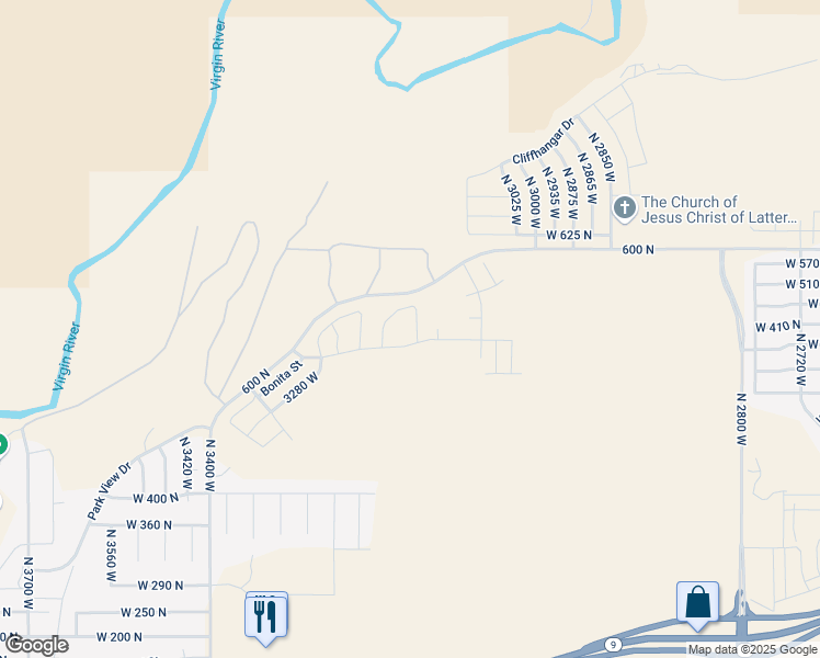 map of restaurants, bars, coffee shops, grocery stores, and more near 569 North Sarah Lane in Hurricane