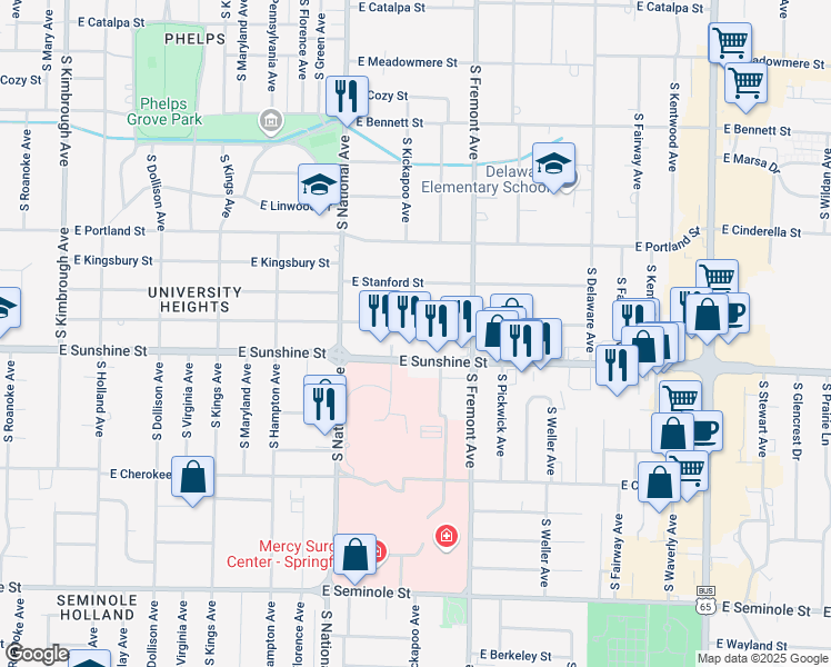 map of restaurants, bars, coffee shops, grocery stores, and more near 1337 East Sunshine Street in Springfield
