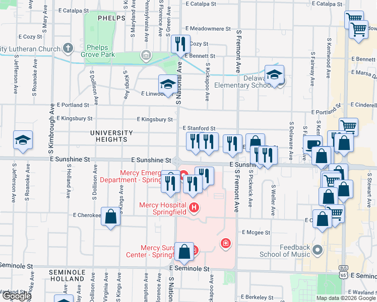 map of restaurants, bars, coffee shops, grocery stores, and more near in Springfield
